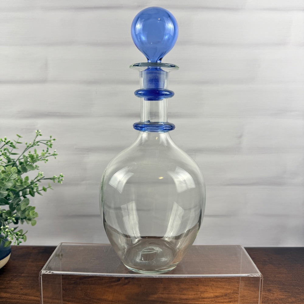 Blenko 3751D Ring Decanter Sky Blue Crystal Glass Ball Stopper